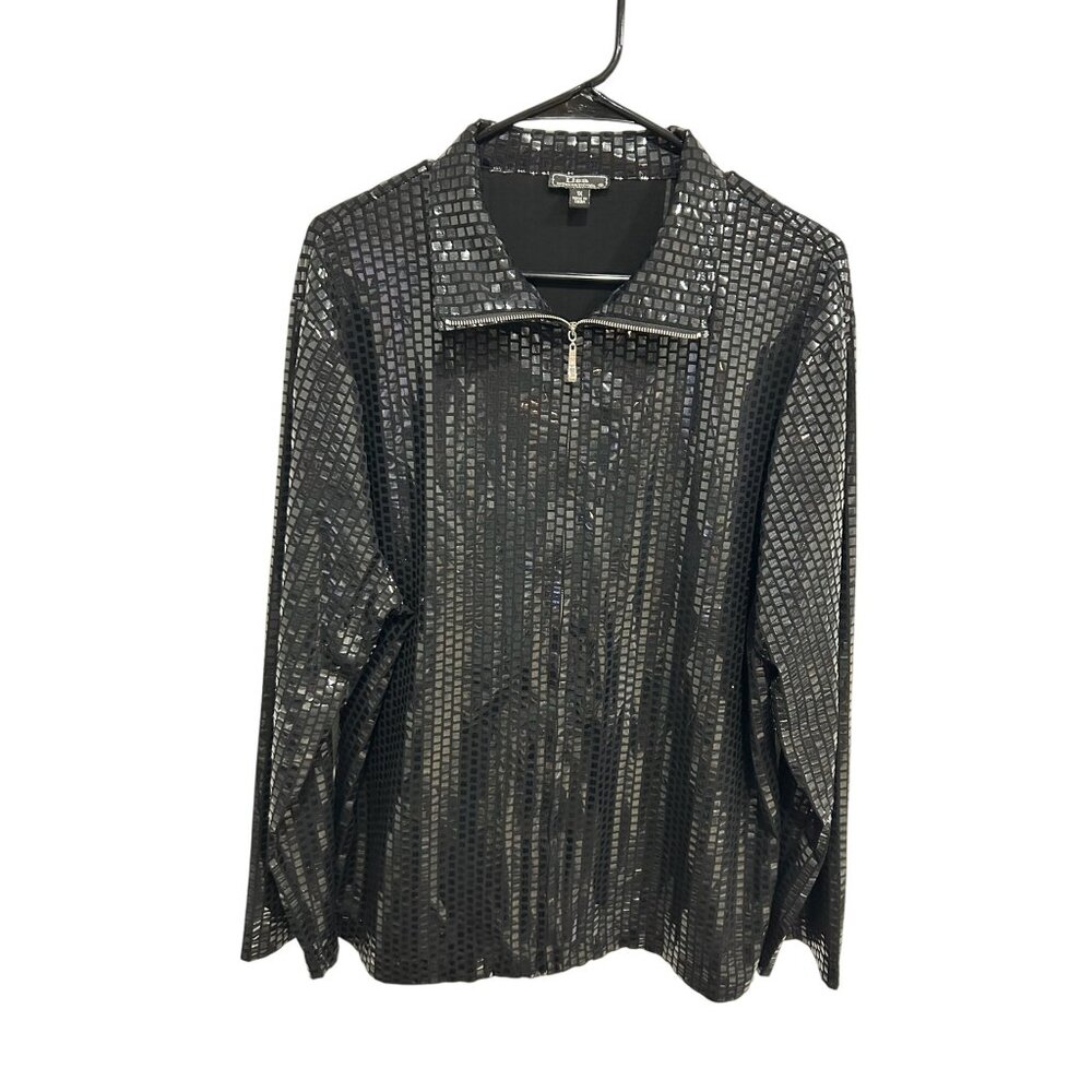 Lisa Intl Womens Black Metallic Sequin Long Sleeve Zip Blouse Size 1X Glam Party